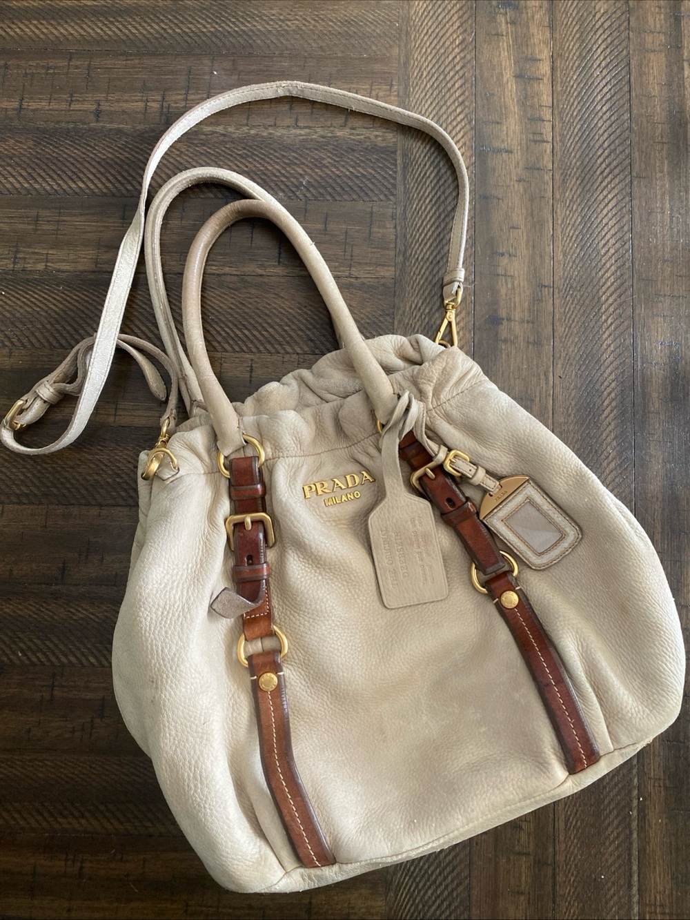 Prada Cervo Antik Deerskin Hobo Satchel W/ Mahogany Leather Trim & Gold Accents